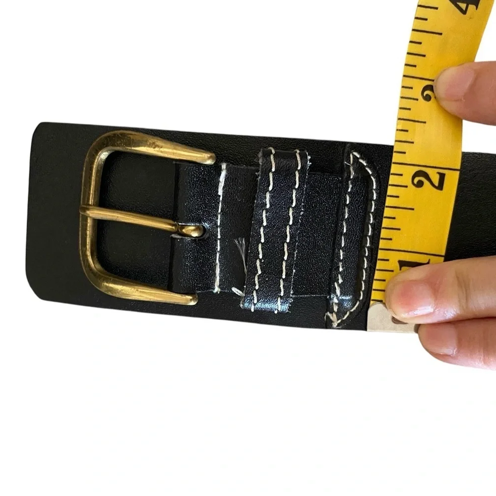 Vintage Dame Black Authentic Leather Belt white stitching Brass gold Buckle